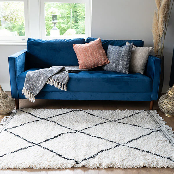 Large Authentic Moroccan Berber Rug in Cream with a Black Cross Design