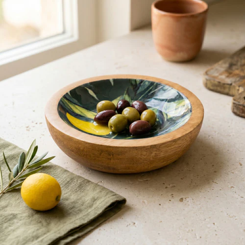 13CM Round Dish With Enamel Inlay Mediterranean Lemons - Green