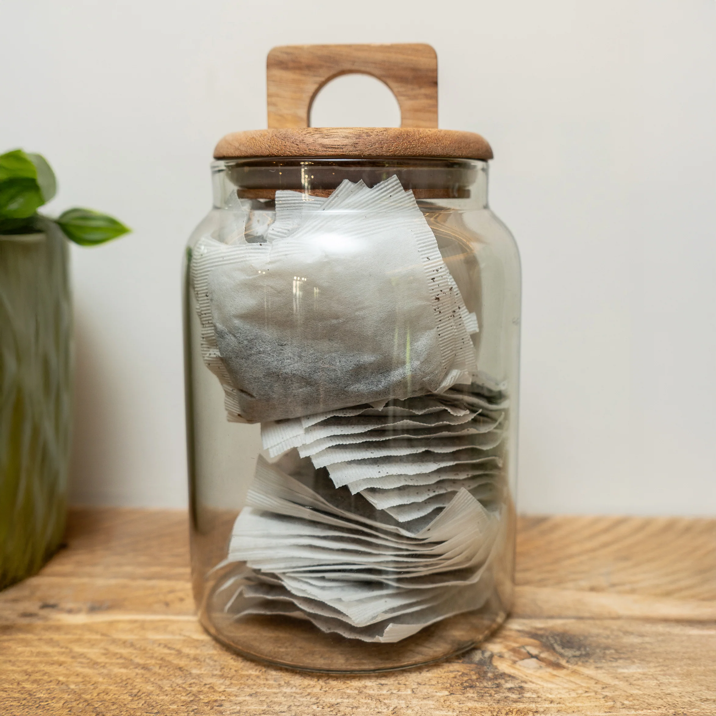 Stylish Grey Glass Storage Jar with Chic Wooden Lid - Image 3