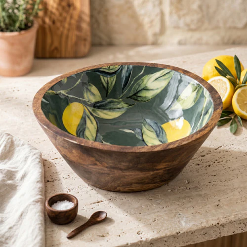 20CM Round Dish With Enamel Inlay Lemons Green