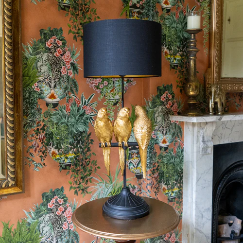 Trio Parrots Lamp: Black Gold Base with Matching Shade