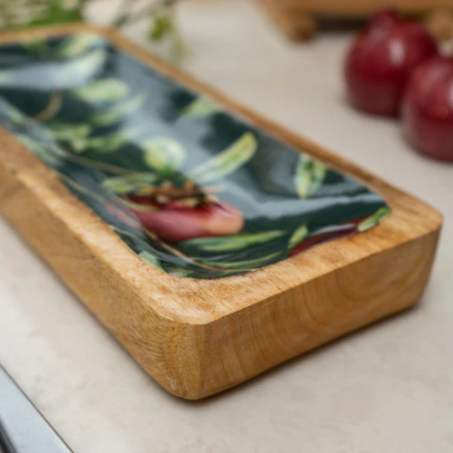 30.5cm Rectangular Dish with Enamel Inlay Pomegranate - Green - Image 3