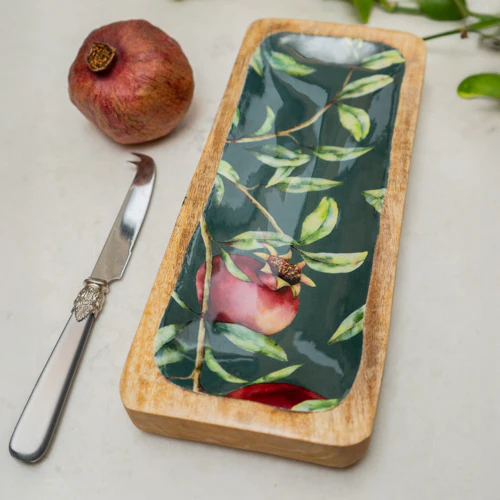 30.5cm Rectangular Dish with Enamel Inlay Pomegranate - Green - Image 4