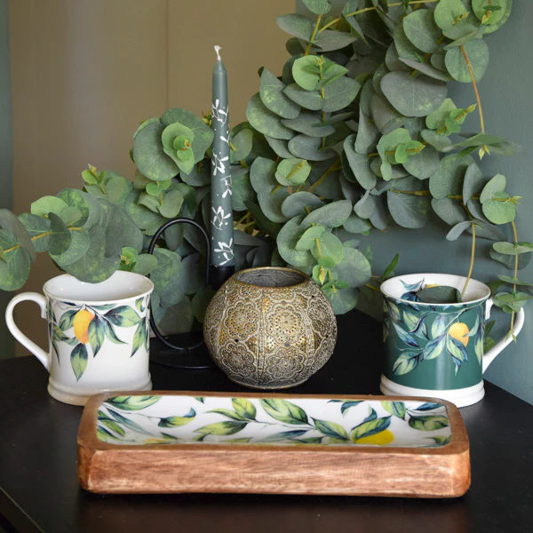 30.5CM Rectangular Dish With Enamel Inlay Mediterranean Lemons