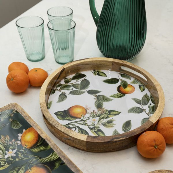 30cm Round Tray with Enamel Inlay Orange Blossom - White