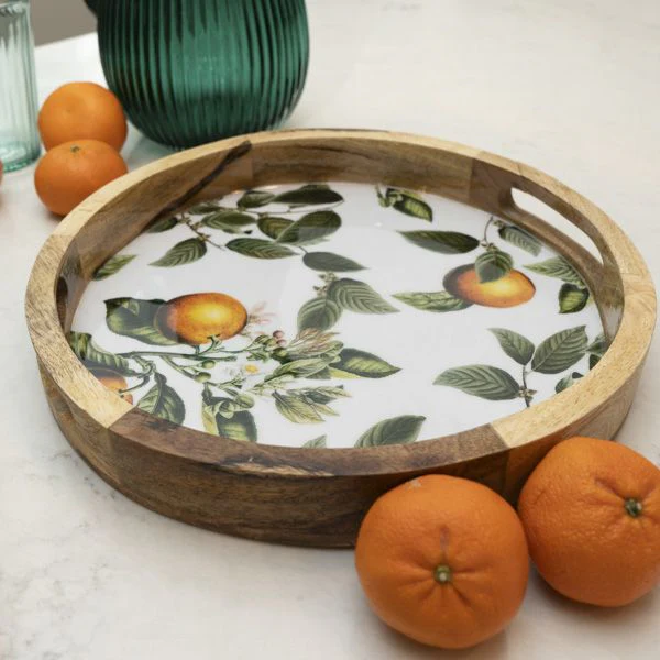 30cm Round Tray with Enamel Inlay Orange Blossom - White - Image 2