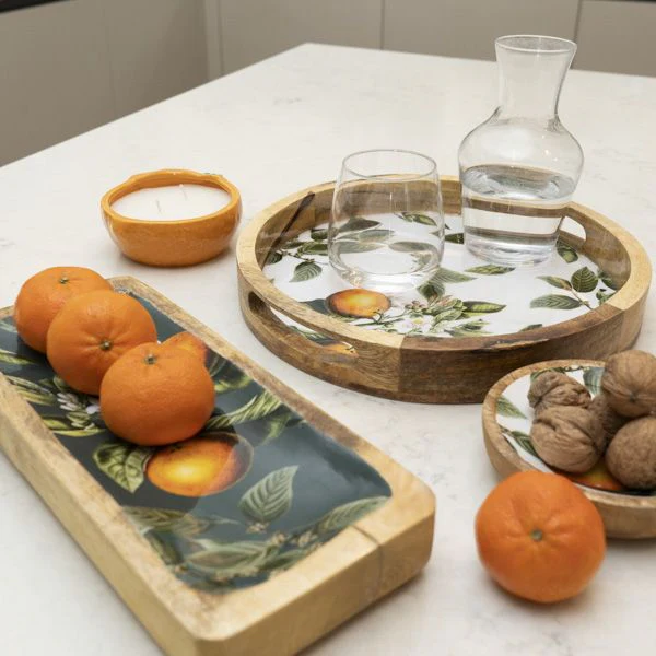 30cm Round Tray with Enamel Inlay Orange Blossom - White - Image 3
