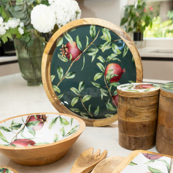 30cm Round Tray with Enamel Inlay Pomegranate - Green