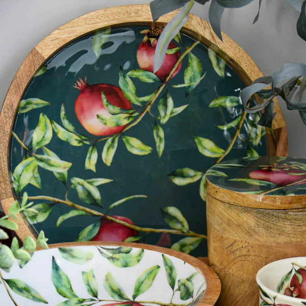 30cm Round Tray with Enamel Inlay Pomegranate - Green - Image 2