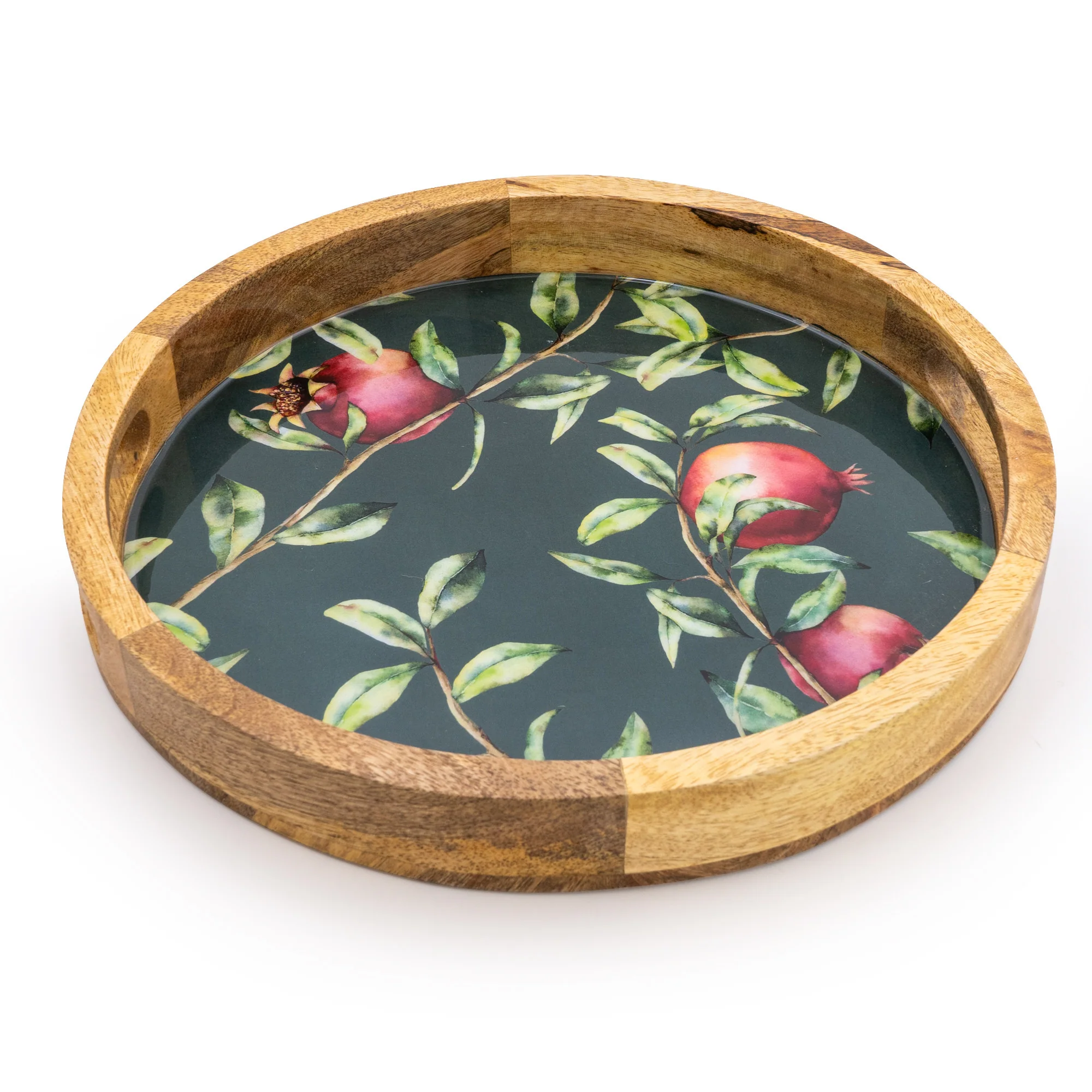 30cm Round Tray with Enamel Inlay Pomegranate - Green - Image 3