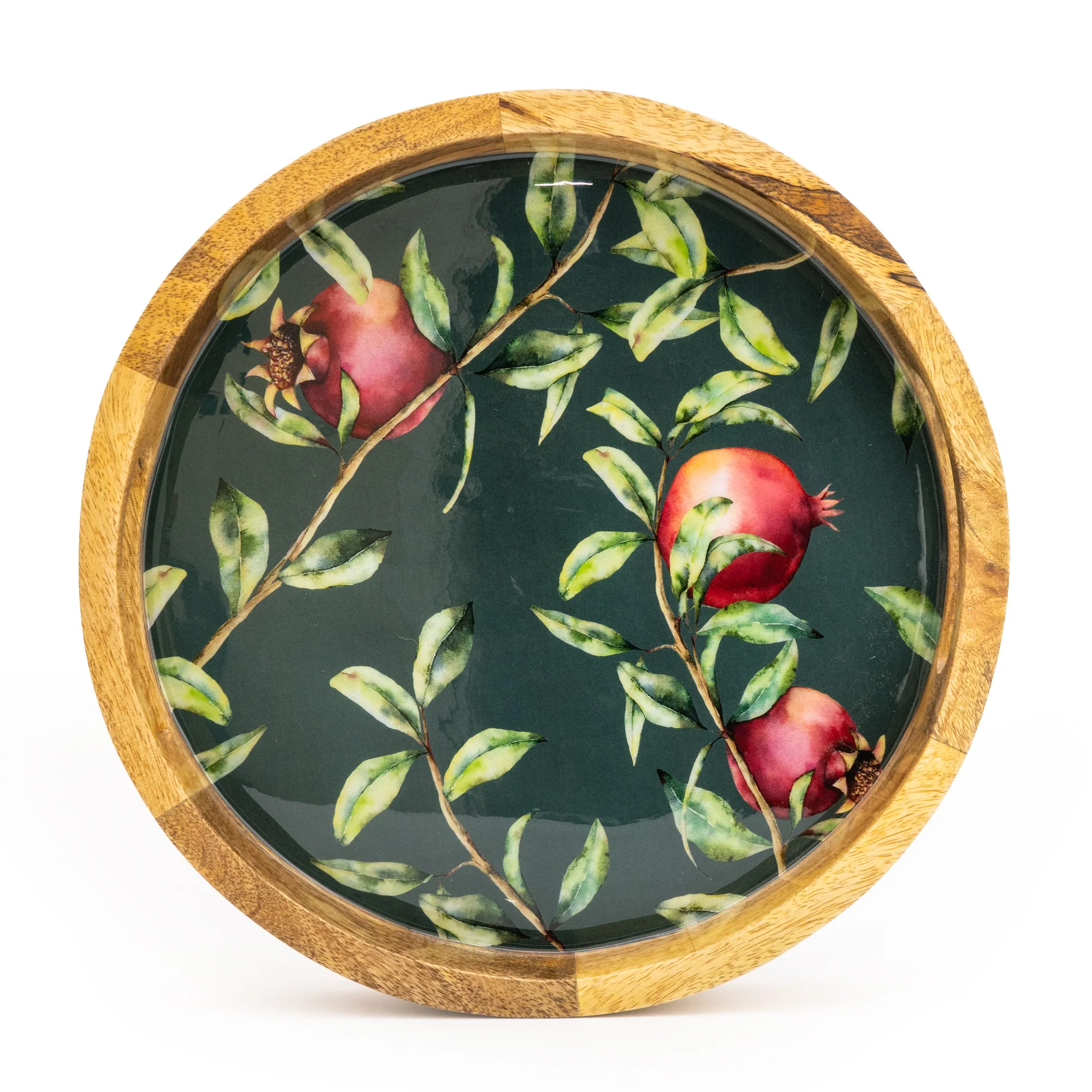 30cm Round Tray with Enamel Inlay Pomegranate - Green - Image 4