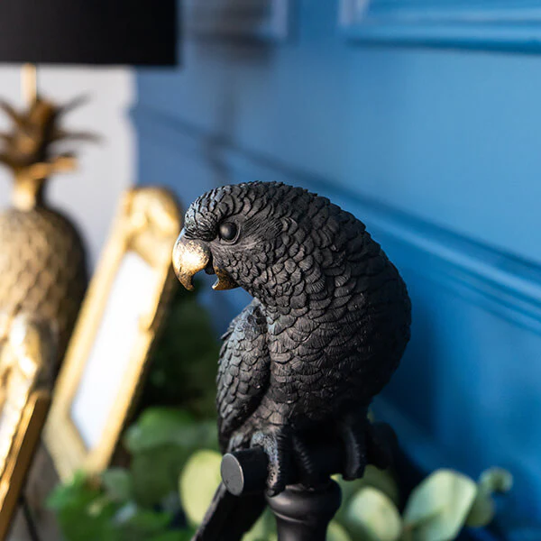 Black and Gold Parrot Bird Ornament on Stand - Image 2