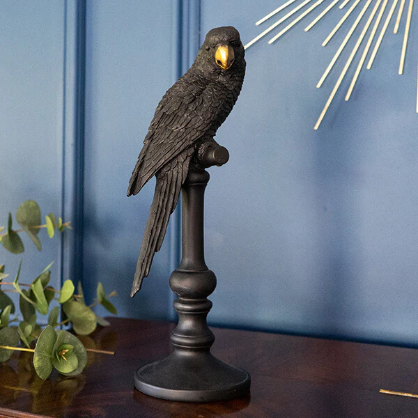 Black and Gold Parrot Bird Ornament on Stand - Image 3