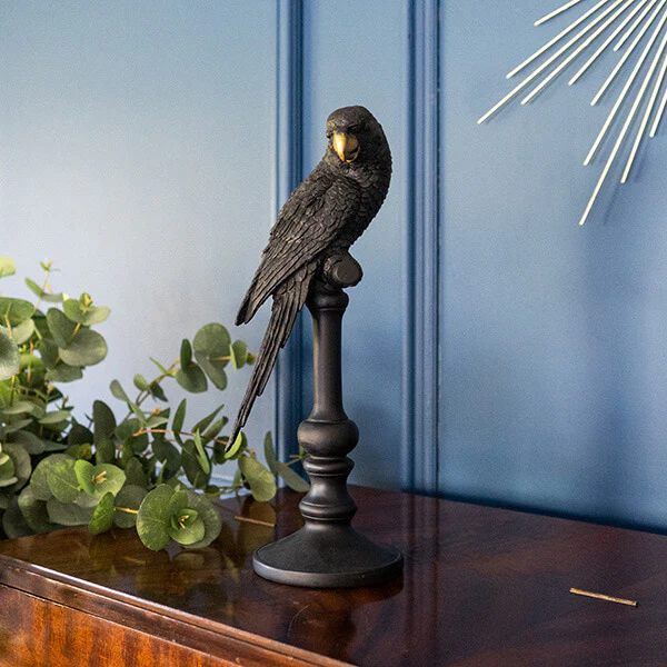 Black and Gold Parrot Bird Ornament on Stand - Image 4