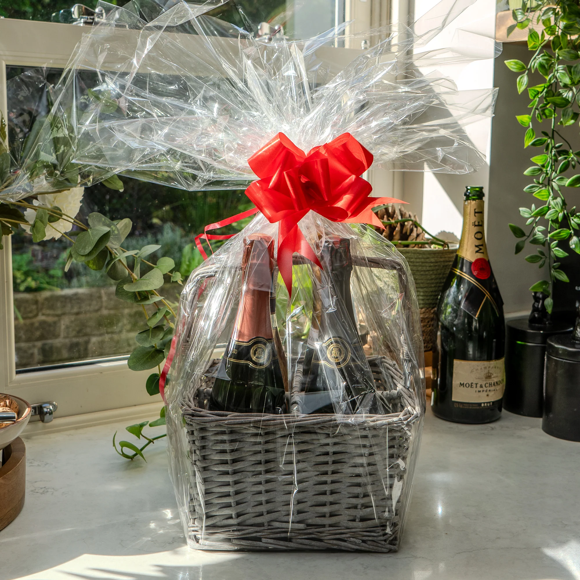 4 Wine Basket Holder With Ribbon & Cellophane (Folded Handle) - Grey Wash - Image 3