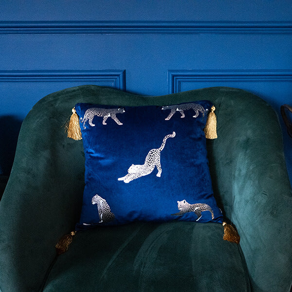 Gold Foil Leopard Print Design on a Navy Blue Velvet Cushion - Image 3