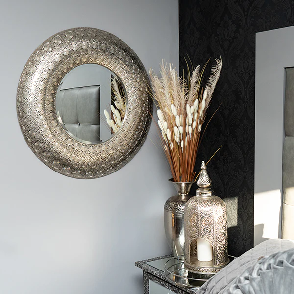Moroccan Style Round Mirror with Silver Metal Frame