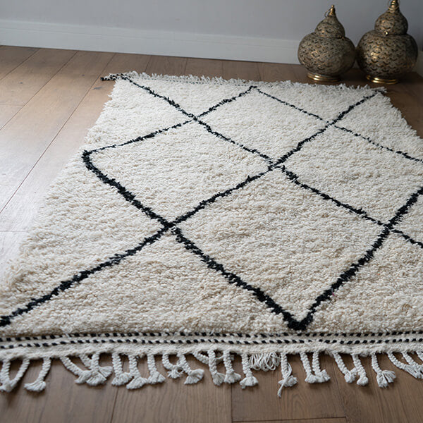 Medium Authentic Moroccan Berber Rug in Cream with a Black Cross Design - Image 3