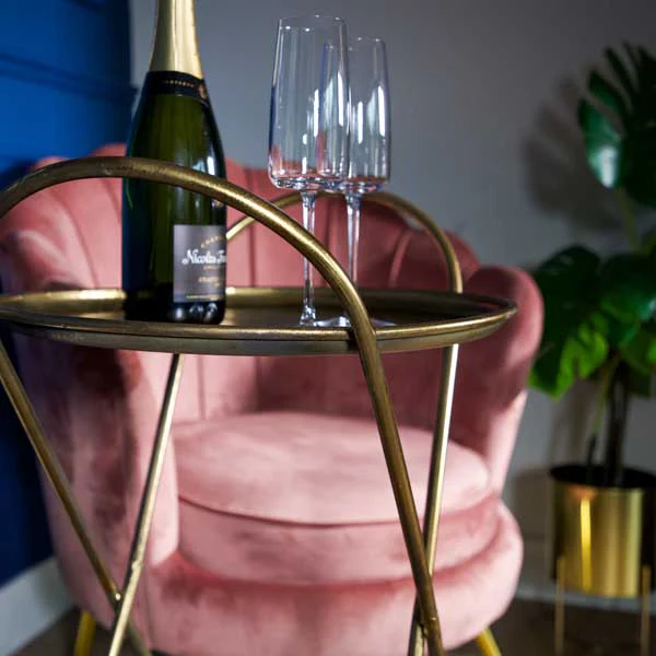 Art Deco Gold Large Round Drinks Trolley on Black Wheels - Image 3