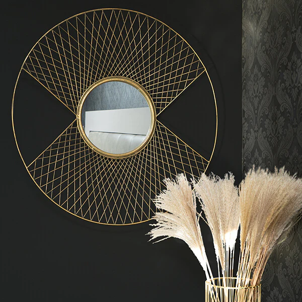 Art Deco Round Mirror with Gold Metal Frame