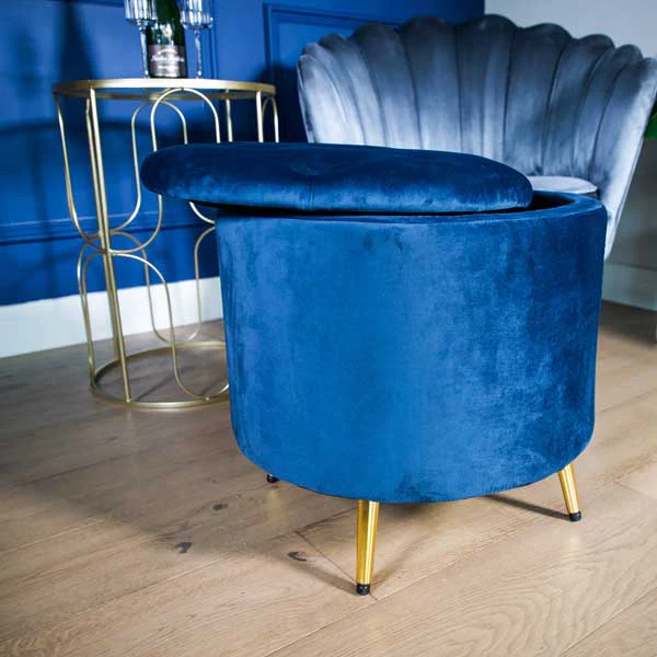 Blue Brooklyn Velvet Ottoman Stool with Gold Legs - Image 4