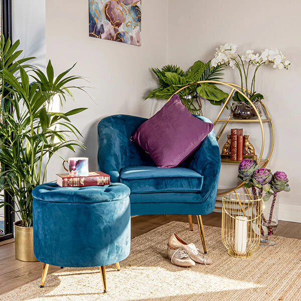 Blue Brooklyn Velvet Ottoman Stool with Gold Legs - Image 7