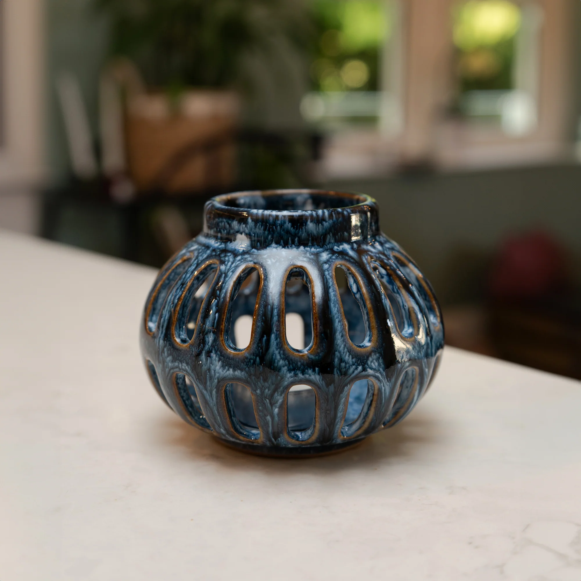Blue Reactive Glaze Tealight Holder Lantern