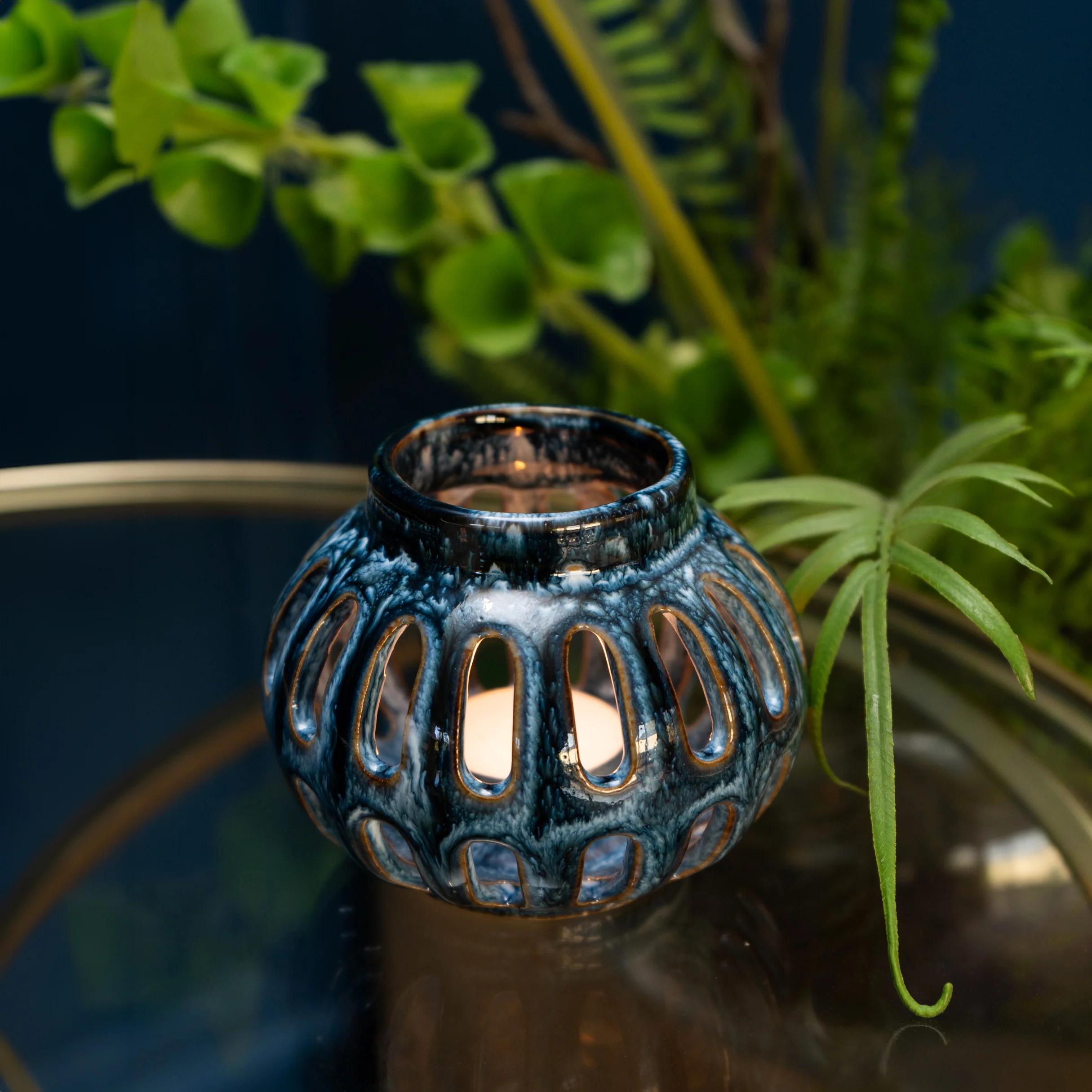 Blue Reactive Glaze Tealight Holder Lantern - Image 2