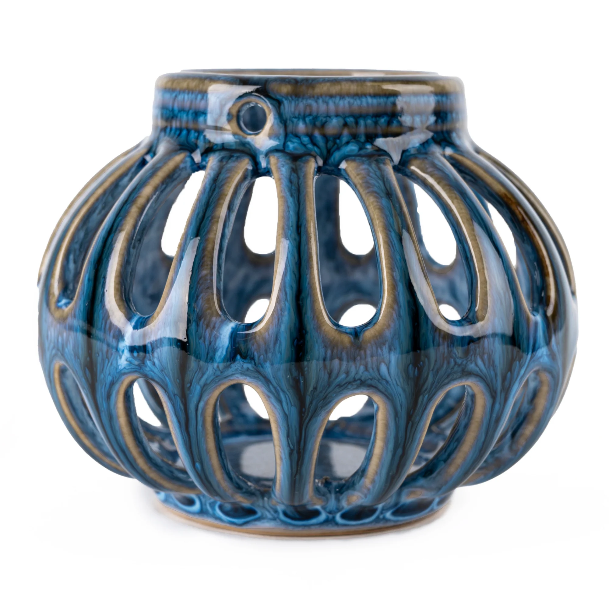 Blue Reactive Glaze Tealight Holder Lantern - Image 3