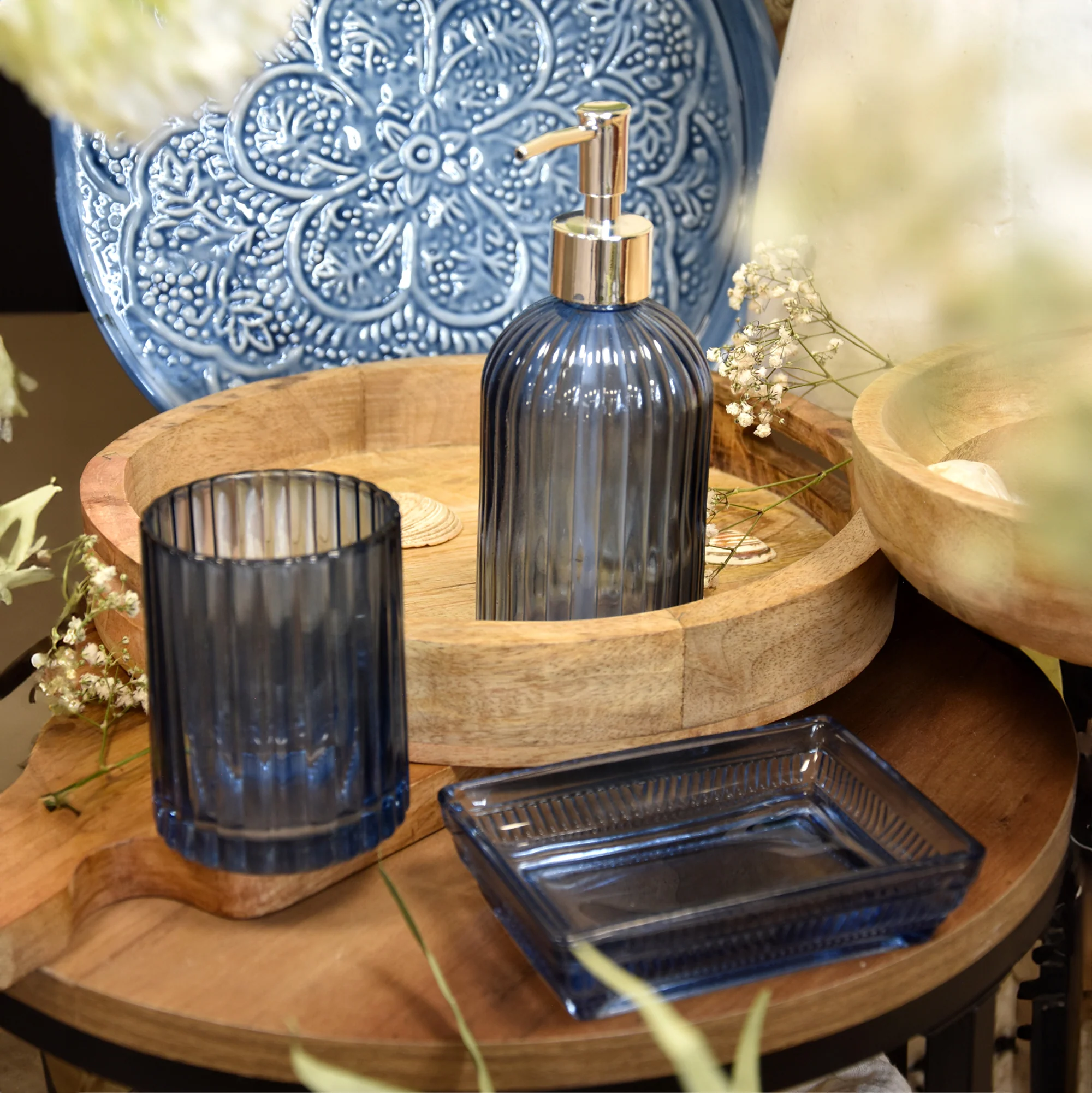 Blue Ridged Glass Soap Dispenser - Image 2