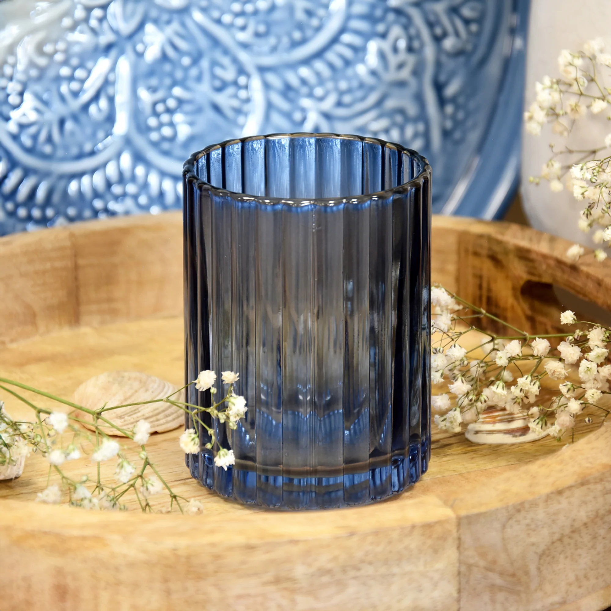 Blue Ridged Glass Tumbler