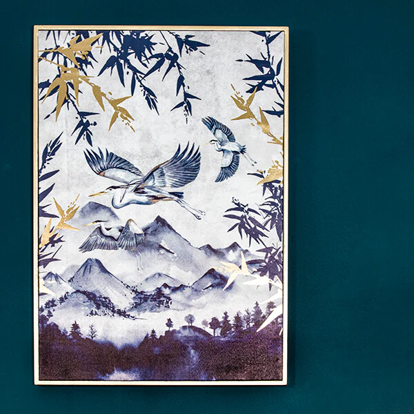 50X70CM Blue and White Heron Design Print in a Gold Frame
