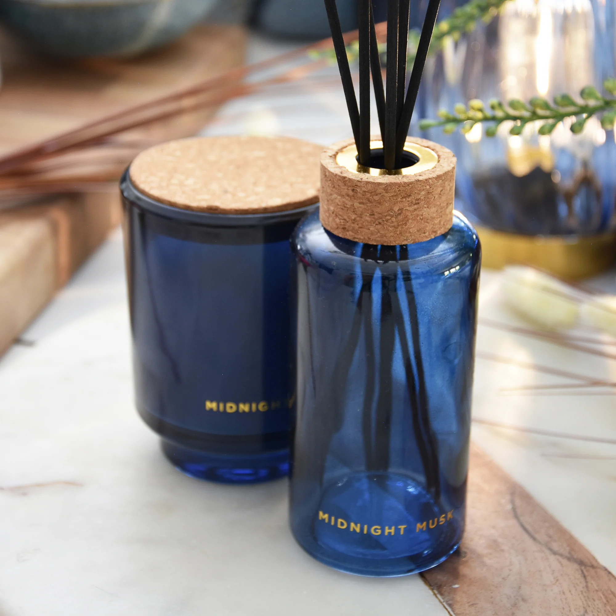 Serenity in Blue 200ml Round Reed Diffuser with Cork Lid in Woods Scent