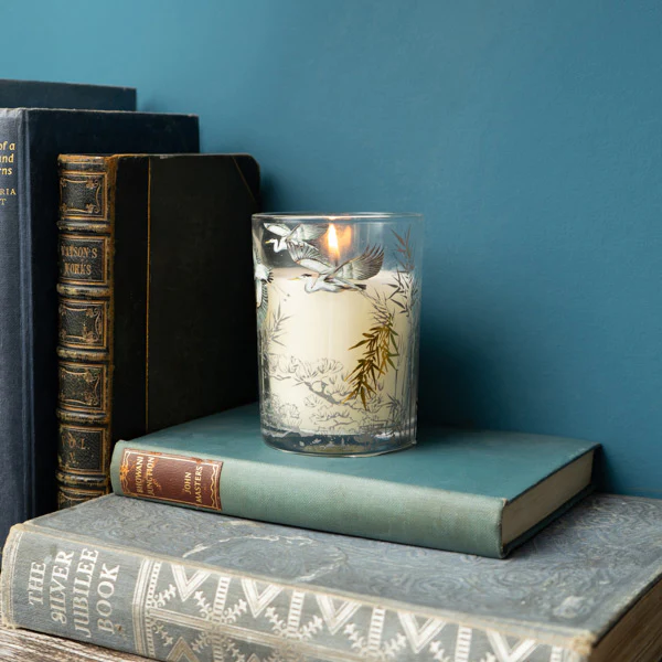 Candle in a Gold and Clear Heron Design Candle Holder - Clean Cotton Scent
