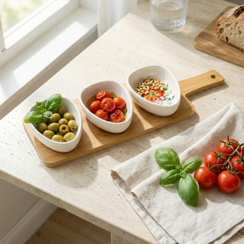 Set of 3 Dishes on Bamboo Tray Tomatoes