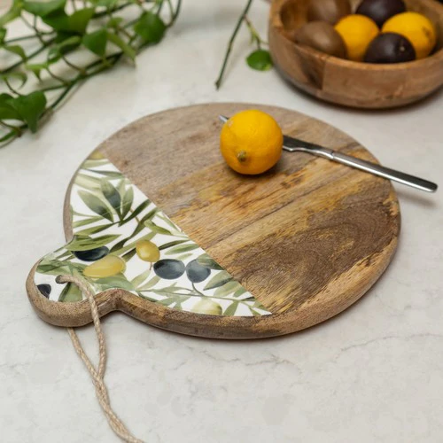 Rustic Mango Wood Chopping Board with Olive Enamel Design - Image 2