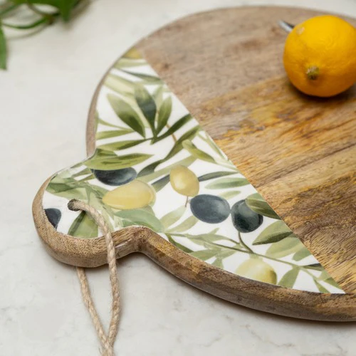 Rustic Mango Wood Chopping Board with Olive Enamel Design - Image 3