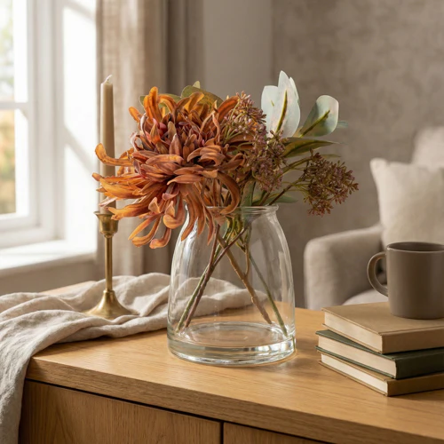 Chrysanthemum Autumnal Florals in Glass Vase – 26cm Flower Arrangement