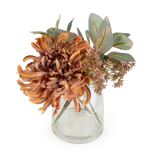 Chrysanthemum Autumnal Florals in Glass Vase – 26cm Flower Arrangement - Image 3