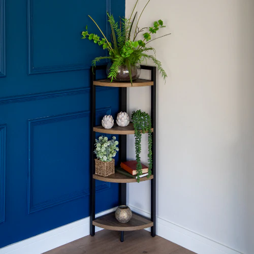 Corner Elegance: Oak Freestanding 4-Shelf Unit with Metal Accents - Image 2