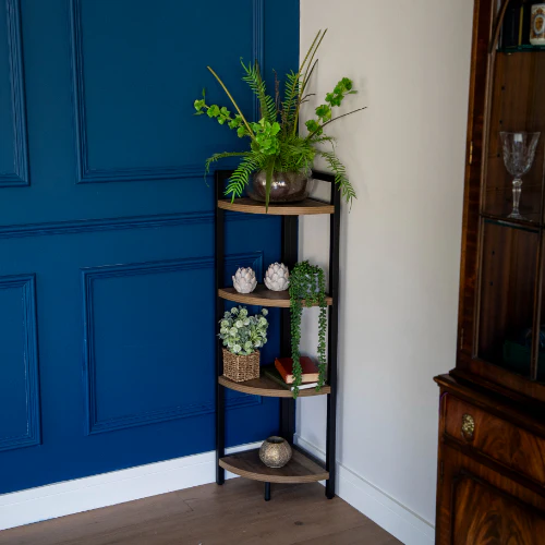 Corner Elegance: Oak Freestanding 4-Shelf Unit with Metal Accents - Image 3