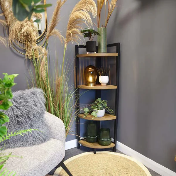Corner Elegance: Oak Freestanding 4-Shelf Unit with Metal Accents - Image 4