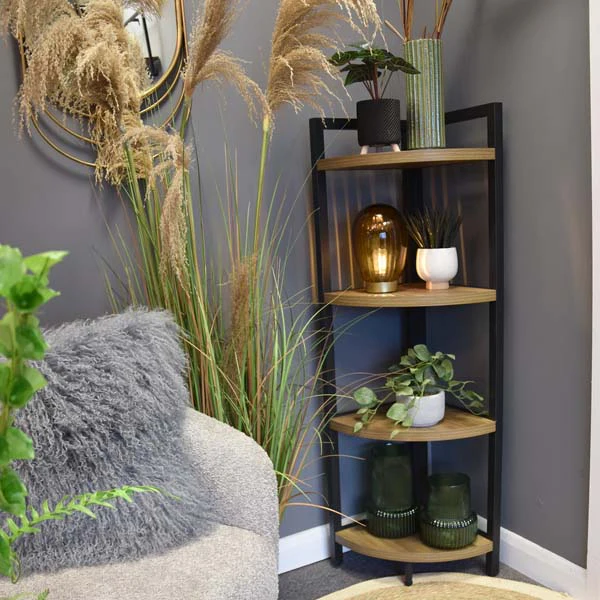Corner Elegance: Oak Freestanding 4-Shelf Unit with Metal Accents - Image 5