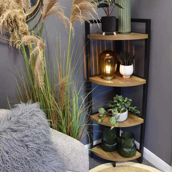 Corner Elegance: Oak Freestanding 4-Shelf Unit with Metal Accents - Image 6