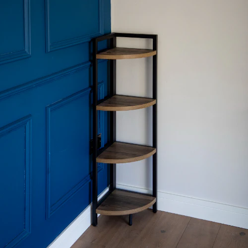 Corner Elegance: Oak Freestanding 4-Shelf Unit with Metal Accents - Image 7