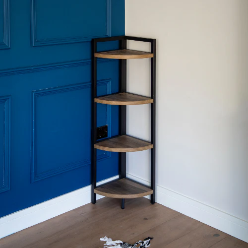 Corner Elegance: Oak Freestanding 4-Shelf Unit with Metal Accents - Image 8