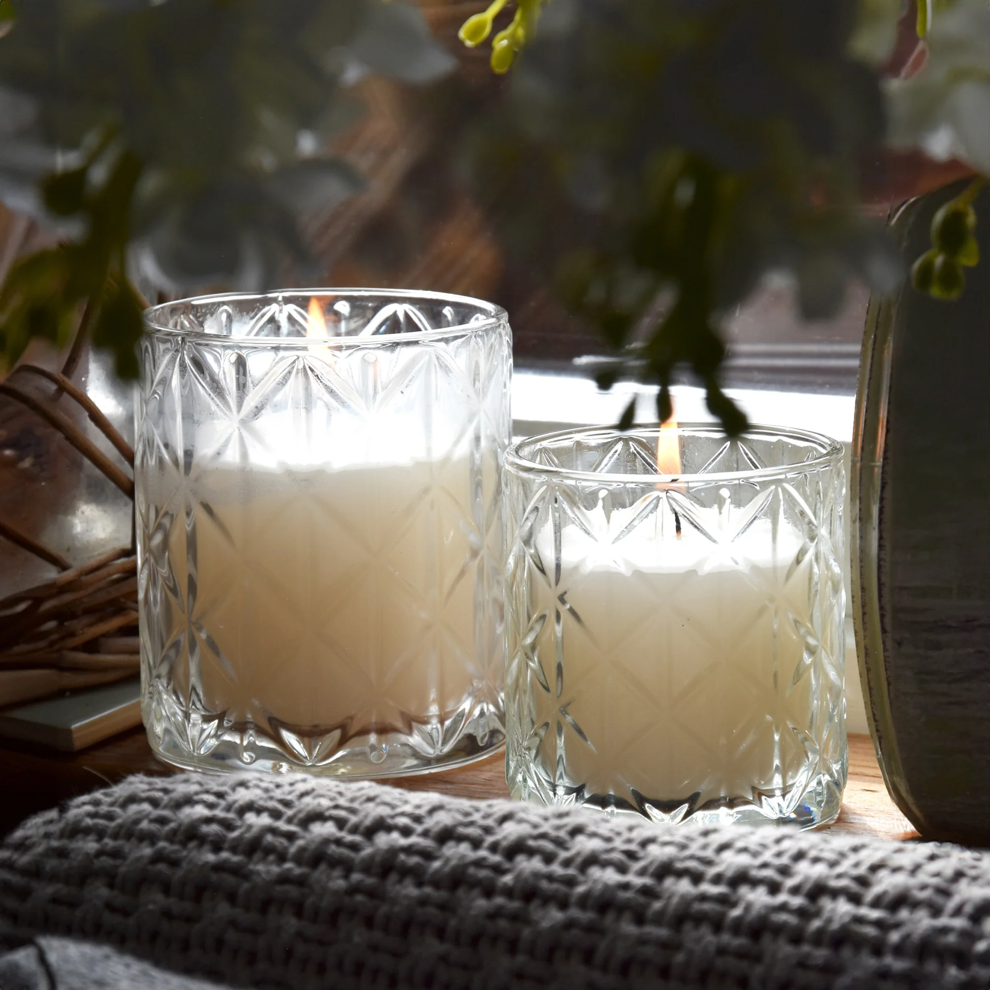 Elegant Clear Diamond Cut Glass Candle Holder with Devon Scent