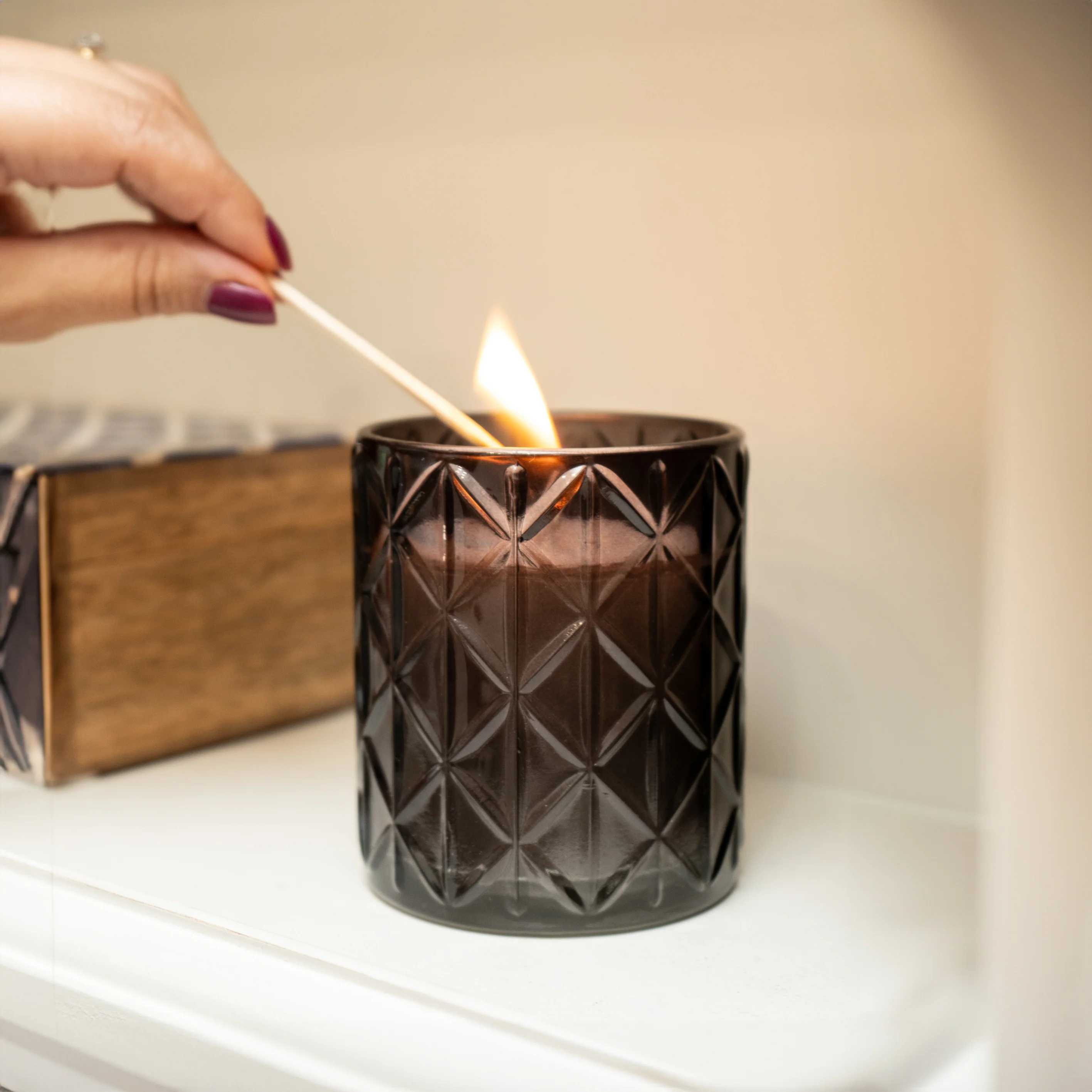 Large Diamond-Cut Smoky Glass Candle with Wood Sage & Sea Salt Essence