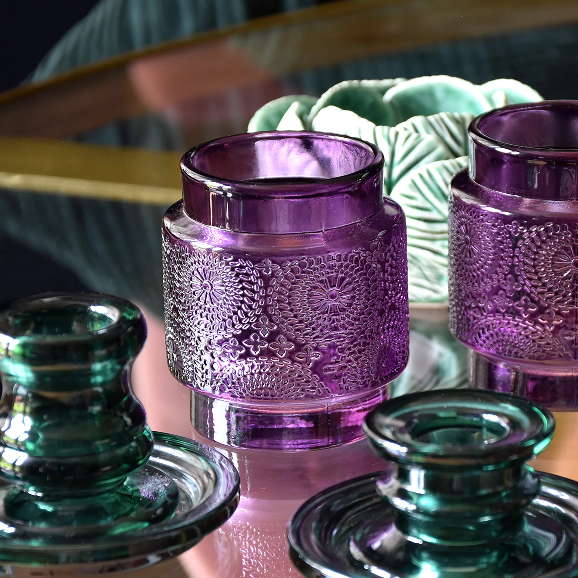 Embossed Flower Purple Candle Holder