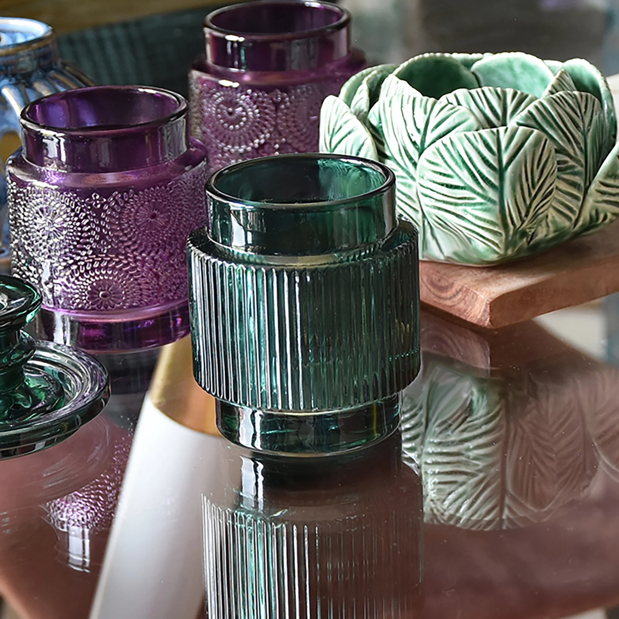 Embossed Ridged Green Candle Holder